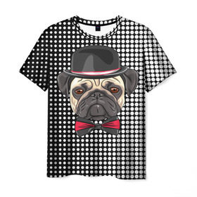Мужская футболка 3D с принтом Mr. Pug в Тюмени, 100% полиэфир | прямой крой, круглый вырез горловины, длина до линии бедер | animal | dog | pet | pug | puppy | арт | горошек | джентльмен | животные | кружочки | мопс | мопсик | пес | собаки | текстура | французский бульдог