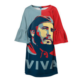 Детское платье 3D с принтом Фидель Кастро в Тюмени, 100% полиэстер | прямой силуэт, чуть расширенный к низу. Круглая горловина, на рукавах — воланы | Тематика изображения на принте: cuba | fidel | диктатор | коммунизм | куба | президент | фидель