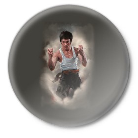 Значок с принтом Брюс Ли в Тюмени,  металл | круглая форма, металлическая застежка в виде булавки | актер | блюс | боец | каратэ | кунг фу | ли | спорт