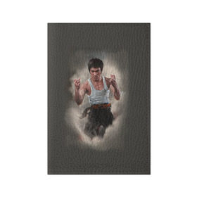 Обложка для паспорта матовая кожа с принтом Брюс Ли в Тюмени, натуральная матовая кожа | размер 19,3 х 13,7 см; прозрачные пластиковые крепления | Тематика изображения на принте: актер | блюс | боец | каратэ | кунг фу | ли | спорт