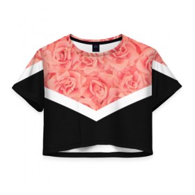 Женская футболка 3D укороченная с принтом Розы (в цвете) в Тюмени, 100% полиэстер | круглая горловина, длина футболки до линии талии, рукава с отворотами | flowers | абстракция | растения | розовы | розы | треугольник | цветы | черно белый
