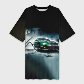 Платье-футболка 3D с принтом Призрачный Ford Mustang в Тюмени,  |  | ford | mustang | авто | автомобиль | блатная | замок | зеленый | иномарка | крутая | марка | машина | мустанг | пацанский таз | поводок | прикольная | седан | тачила | тачка | туман | форд | цепь