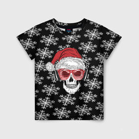 Детская футболка 3D с принтом Santa Skull хипстер в Тюмени, 100% гипоаллергенный полиэфир | прямой крой, круглый вырез горловины, длина до линии бедер, чуть спущенное плечо, ткань немного тянется | дед мороз | новогодний | паттерн | санта | снег | снежинки