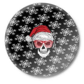 Значок с принтом Santa Skull хипстер в Тюмени,  металл | круглая форма, металлическая застежка в виде булавки | Тематика изображения на принте: дед мороз | новогодний | паттерн | санта | снег | снежинки