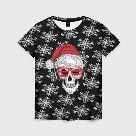 Женская футболка 3D с принтом Santa Skull хипстер в Тюмени, 100% полиэфир ( синтетическое хлопкоподобное полотно) | прямой крой, круглый вырез горловины, длина до линии бедер | дед мороз | новогодний | паттерн | санта | снег | снежинки