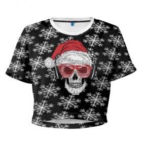 Женская футболка 3D укороченная с принтом Santa Skull хипстер в Тюмени, 100% полиэстер | круглая горловина, длина футболки до линии талии, рукава с отворотами | дед мороз | новогодний | паттерн | санта | снег | снежинки