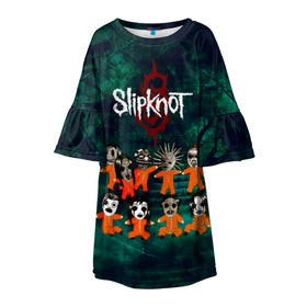 Детское платье 3D с принтом Группа Slipknot в Тюмени, 100% полиэстер | прямой силуэт, чуть расширенный к низу. Круглая горловина, на рукавах — воланы | slipknot | альтернативный метал | грув метал | комбинезон | маска | метал | мрачный | ню метал | рок