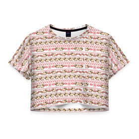 Женская футболка 3D укороченная с принтом Свитер с мопсами в Тюмени, 100% полиэстер | круглая горловина, длина футболки до линии талии, рукава с отворотами | милый | паттерн | пончик | собака | щенок