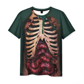 Мужская футболка 3D с принтом Грудная клетка в Тюмени, 100% полиэфир | прямой крой, круглый вырез горловины, длина до линии бедер | Тематика изображения на принте: halloween | skeleton | грудная клетка | кости | ребра | скелет | хэллоуин
