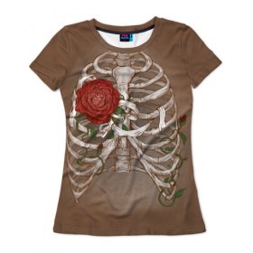 Женская футболка 3D с принтом Грудная клетка в Тюмени, 100% полиэфир ( синтетическое хлопкоподобное полотно) | прямой крой, круглый вырез горловины, длина до линии бедер | halloween | skeleton | грудная клетка | кости | ребра | скелет | хэллоуин