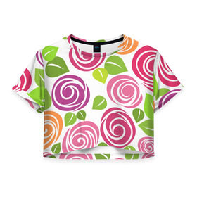 Женская футболка 3D укороченная с принтом Розы Минимализм в Тюмени, 100% полиэстер | круглая горловина, длина футболки до линии талии, рукава с отворотами | flowers | розовый | розы | цветы
