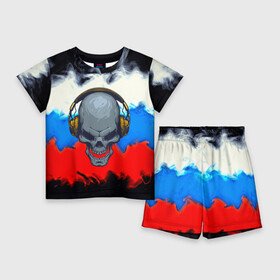 Детский костюм с шортами 3D с принтом Русский меломан в Тюмени,  |  | abstraction | bones | grunge | skull | абстракция | краска | русский | триколор | череп | я русский