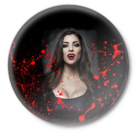 Значок с принтом Вампирша в Тюмени,  металл | круглая форма, металлическая застежка в виде булавки | вампир | ведьма | девушка | кровь | праздник | хэллоуин