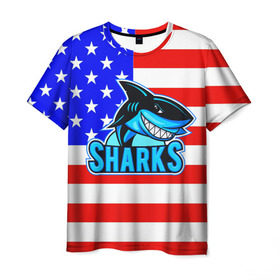 Мужская футболка 3D с принтом Sharks USA в Тюмени, 100% полиэфир | прямой крой, круглый вырез горловины, длина до линии бедер | Тематика изображения на принте: sharks | usa | акула | америка | американец | символика америки | сша