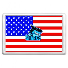 Магнит 45*70 с принтом Sharks USA в Тюмени, Пластик | Размер: 78*52 мм; Размер печати: 70*45 | sharks | usa | акула | америка | американец | символика америки | сша