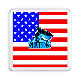 Магнит 55*55 с принтом Sharks USA в Тюмени, Пластик | Размер: 65*65 мм; Размер печати: 55*55 мм | sharks | usa | акула | америка | американец | символика америки | сша