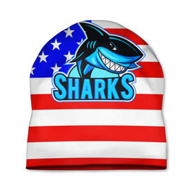 Шапка 3D с принтом Sharks USA в Тюмени, 100% полиэстер | универсальный размер, печать по всей поверхности изделия | sharks | usa | акула | америка | американец | символика америки | сша