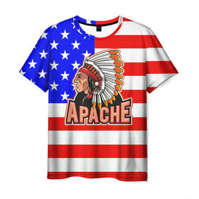 Мужская футболка 3D с принтом Apache в Тюмени, 100% полиэфир | прямой крой, круглый вырез горловины, длина до линии бедер | Тематика изображения на принте: apache | usa | америка | американец | индейцы | символика америки | сша