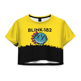 Женская футболка 3D укороченная с принтом Blink-182 город в Тюмени, 100% полиэстер | круглая горловина, длина футболки до линии талии, рукава с отворотами | blink | альтернативный рок | блинк | город | желтый | марк хоппус | музыка | мэтт скиба | панк | панк рок | песни | поп панк | рок | скейт панк | смайл | солнце | трэвис баркер