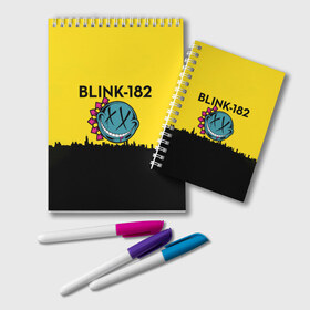 Блокнот с принтом Blink-182 город в Тюмени, 100% бумага | 48 листов, плотность листов — 60 г/м2, плотность картонной обложки — 250 г/м2. Листы скреплены удобной пружинной спиралью. Цвет линий — светло-серый
 | blink | альтернативный рок | блинк | город | желтый | марк хоппус | музыка | мэтт скиба | панк | панк рок | песни | поп панк | рок | скейт панк | смайл | солнце | трэвис баркер