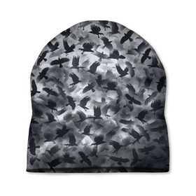 Шапка 3D с принтом Вороны в Тюмени, 100% полиэстер | универсальный размер, печать по всей поверхности изделия | ворон | ворона | воронье | небо | паттрен | птицы | серый | стая | текстура | хеллоуин