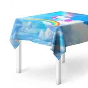 Скатерть 3D с принтом Единорог в Тюмени, 100% полиэстер (ткань не мнется и не растягивается) | Размер: 150*150 см | Тематика изображения на принте: единорог | небо | облака | радуга