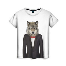 Женская футболка 3D с принтом Волк в Тюмени, 100% полиэфир ( синтетическое хлопкоподобное полотно) | прямой крой, круглый вырез горловины, длина до линии бедер | бабочка | волк | животные | костюм | природа | смокинг | собака
