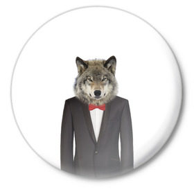 Значок с принтом Волк в Тюмени,  металл | круглая форма, металлическая застежка в виде булавки | бабочка | волк | животные | костюм | природа | смокинг | собака