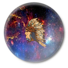Значок с принтом Индейский шаман в Тюмени,  металл | круглая форма, металлическая застежка в виде булавки | индеец | космос | перья | шаман