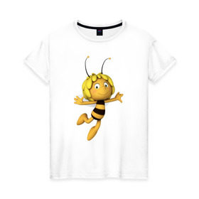 Женская футболка хлопок с принтом пчелка Майя в Тюмени, 100% хлопок | прямой крой, круглый вырез горловины, длина до линии бедер, слегка спущенное плечо | Тематика изображения на принте: вилли | майя | мая | пчелка | пчёлка майя | флип