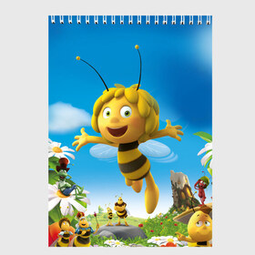 Скетчбук с принтом Пчелка Майя в Тюмени, 100% бумага
 | 48 листов, плотность листов — 100 г/м2, плотность картонной обложки — 250 г/м2. Листы скреплены сверху удобной пружинной спиралью | Тематика изображения на принте: вилли | майя | мая | пчелка | пчёлка майя | флип
