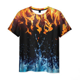 Мужская футболка 3D с принтом Две стихии в Тюмени, 100% полиэфир | прямой крой, круглый вырез горловины, длина до линии бедер | cold | fire | ice | вода water | лёд | огонь | пламя | стихиz | холод