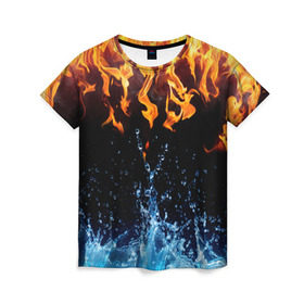 Женская футболка 3D с принтом Две стихии в Тюмени, 100% полиэфир ( синтетическое хлопкоподобное полотно) | прямой крой, круглый вырез горловины, длина до линии бедер | cold | fire | ice | вода water | лёд | огонь | пламя | стихиz | холод