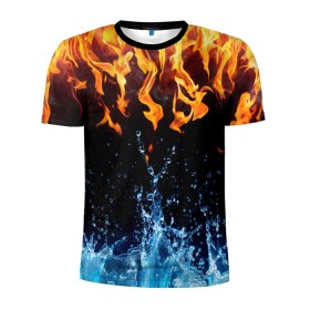 Мужская футболка 3D спортивная с принтом Две стихии в Тюмени, 100% полиэстер с улучшенными характеристиками | приталенный силуэт, круглая горловина, широкие плечи, сужается к линии бедра | cold | fire | ice | вода water | лёд | огонь | пламя | стихиz | холод