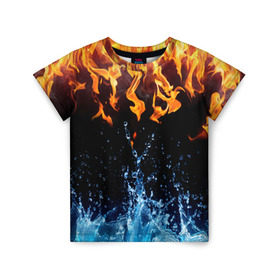 Детская футболка 3D с принтом Две стихии в Тюмени, 100% гипоаллергенный полиэфир | прямой крой, круглый вырез горловины, длина до линии бедер, чуть спущенное плечо, ткань немного тянется | cold | fire | ice | вода water | лёд | огонь | пламя | стихиz | холод