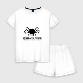 Женская пижама с шортиками хлопок с принтом Sysadmin Force в Тюмени, 100% хлопок | футболка прямого кроя, шорты свободные с широкой мягкой резинкой | force | spider | sysadmin | войска | паук | сисадмин | системный администратор