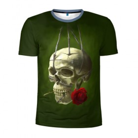 Мужская футболка 3D спортивная с принтом Череп и роза в Тюмени, 100% полиэстер с улучшенными характеристиками | приталенный силуэт, круглая горловина, широкие плечи, сужается к линии бедра | кости | роза | скелет | хэллоуин | цветок | цветы | череп