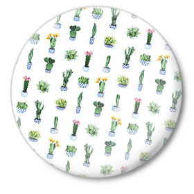 Значок с принтом Кактусы в Тюмени,  металл | круглая форма, металлическая застежка в виде булавки | Тематика изображения на принте: горшок | зеленый | кактус | принт | растение | флора | цветы