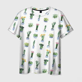 Мужская футболка 3D с принтом Кактусы в Тюмени, 100% полиэфир | прямой крой, круглый вырез горловины, длина до линии бедер | Тематика изображения на принте: горшок | зеленый | кактус | принт | растение | флора | цветы