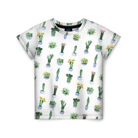 Детская футболка 3D с принтом Кактусы в Тюмени, 100% гипоаллергенный полиэфир | прямой крой, круглый вырез горловины, длина до линии бедер, чуть спущенное плечо, ткань немного тянется | горшок | зеленый | кактус | принт | растение | флора | цветы