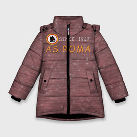 Зимняя куртка для девочек 3D с принтом A S Roma - Vintage No 3 в Тюмени, ткань верха — 100% полиэстер; подклад — 100% полиэстер, утеплитель — 100% полиэстер. | длина ниже бедра, удлиненная спинка, воротник стойка и отстегивающийся капюшон. Есть боковые карманы с листочкой на кнопках, утяжки по низу изделия и внутренний карман на молнии. 

Предусмотрены светоотражающий принт на спинке, радужный светоотражающий элемент на пуллере молнии и на резинке для утяжки. | рим | рома