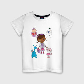 Детская футболка хлопок с принтом Доктор Плюшева и её помощники в Тюмени, 100% хлопок | круглый вырез горловины, полуприлегающий силуэт, длина до линии бедер | время осмотра | док | дотти | лэмми | осмотр | стаффи | хэлли