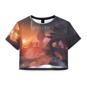 Женская футболка 3D укороченная с принтом Stellaris в Тюмени, 100% полиэстер | круглая горловина, длина футболки до линии талии, рукава с отворотами | stellaris