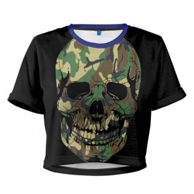 Женская футболка 3D укороченная с принтом Череп Армия в Тюмени, 100% полиэстер | круглая горловина, длина футболки до линии талии, рукава с отворотами | army | biker | ffm | skeleton | skull | армия | байкер | камуфляж | каска | скелет | череп | шлем