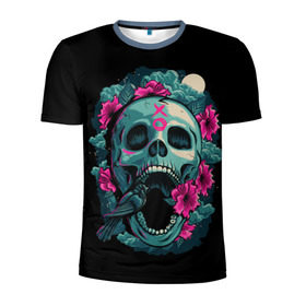 Мужская футболка 3D спортивная с принтом Dia de Muertos в Тюмени, 100% полиэстер с улучшенными характеристиками | приталенный силуэт, круглая горловина, широкие плечи, сужается к линии бедра | кости | праздник | птица | скелет | хэллоуин | цветы | череп