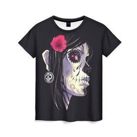 Женская футболка 3D с принтом Dia de Muertos в Тюмени, 100% полиэфир ( синтетическое хлопкоподобное полотно) | прямой крой, круглый вырез горловины, длина до линии бедер | женщина | мексика | праздник | скелет | хэллоуин | череп