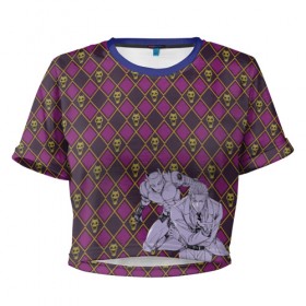 Женская футболка 3D укороченная с принтом Killer Queen x Kira Yoshikage в Тюмени, 100% полиэстер | круглая горловина, длина футболки до линии талии, рукава с отворотами | jojo | killer queen | kira yoshikage