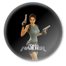 Значок с принтом TOMB RAIDER в Тюмени,  металл | круглая форма, металлическая застежка в виде булавки | game | girl | gun | lara croft | tomb raider | девушка | игра | оружие | пистолет
