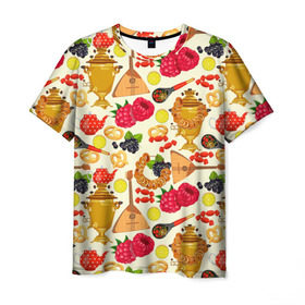 Мужская футболка 3D с принтом Народная кухня в Тюмени, 100% полиэфир | прямой крой, круглый вырез горловины, длина до линии бедер | балалайка | еда | малина | малинки | матрешка | на руси | патриот | паттерн | русский | русь | самовар | сушки | тренды | чай | черника