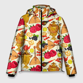 Мужская зимняя куртка 3D с принтом Народная кухня в Тюмени, верх — 100% полиэстер; подкладка — 100% полиэстер; утеплитель — 100% полиэстер | длина ниже бедра, свободный силуэт Оверсайз. Есть воротник-стойка, отстегивающийся капюшон и ветрозащитная планка. 

Боковые карманы с листочкой на кнопках и внутренний карман на молнии. | Тематика изображения на принте: балалайка | еда | малина | малинки | матрешка | на руси | патриот | паттерн | русский | русь | самовар | сушки | тренды | чай | черника